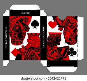 Playing card box template with card characters in red and black linear style and suit symbols on white background. Vector illustration