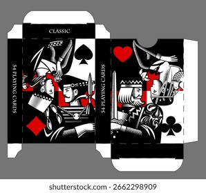 Plantilla de la caja de la tarjeta de juego con los caracteres de la tarjeta en estilo del grabado blanco y negro y los símbolos del traje en rojo. Ilustración vectorial