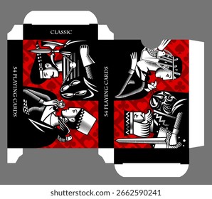 Plantilla de la caja de la tarjeta de juego con los caracteres de la tarjeta en estilo blanco y negro del grabado en el fondo rojo de los símbolos del traje. Ilustración vectorial