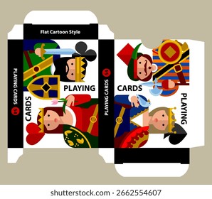 Plantilla de la caja de la tarjeta de juego con los retratos multicolores del carácter de la tarjeta en estilo plano divertido de la historieta en el fondo blanco. Ilustración vectorial