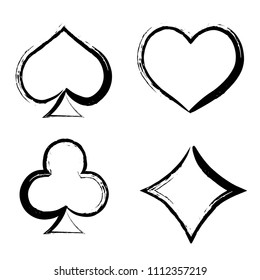 Playing card brush symbols. Playing card grunge style. Playing card ink icons.