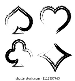 Playing card brush symbols. Playing card grunge style. Playing card ink icons.