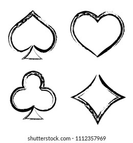 Playing card brush symbols. Playing card grunge style. Playing card ink icons.