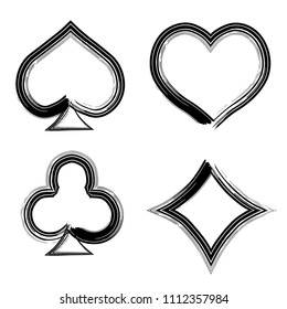 Playing card brush symbols. Playing card grunge style. Playing card ink icons.
