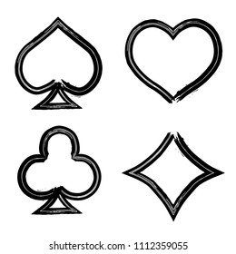 Playing card brush symbols. Playing card grunge style. Playing card ink icons.