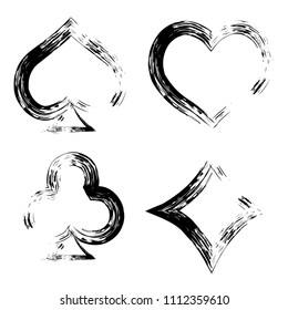 Playing card brush symbols. Playing card grunge style. Playing card ink icons.