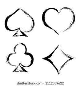 Playing card brush symbols. Playing card grunge style. Playing card ink icons.