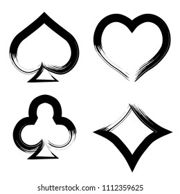 Playing card brush symbols. Playing card grunge style. Playing card ink icons.