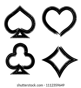 Playing card brush symbols. Playing card grunge style. Playing card ink icons.