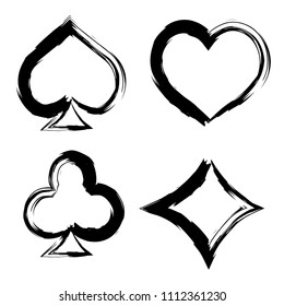 Playing card brush symbols. Playing card grunge style. Playing card ink icons.