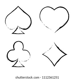 Playing card brush symbols. Playing card grunge style. Playing card ink icons.