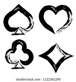 Playing card brush symbols. Playing card grunge style. Playing card ink icons.