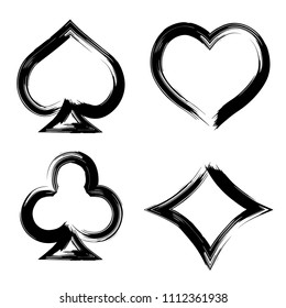 Playing card brush symbols. Playing card grunge style. Playing card ink icons.