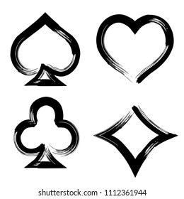 Playing card brush symbols. Playing card grunge style. Playing card ink icons.