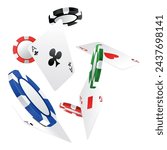 Playing card and chips poker game elements in 3D realistic design set. Vector aces hearts and spades, clubs and diamonds. Leisure hobby entertainment gambling game objects, red and black suits