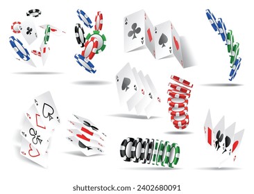 Playing card and chips poker game elements in 3D realistic design set. Vector aces hearts and spades, clubs and diamonds. Leisure hobby entertainment gambling game objects, red and black suits