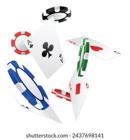 Playing card and chips poker game elements in 3D realistic design set. Vector aces hearts and spades, clubs and diamonds. Leisure hobby entertainment gambling game objects, red and black suits