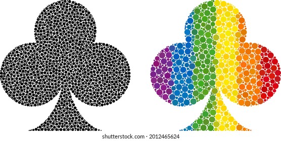 Playing card club suit collage icon of round items in various sizes and rainbow colored shades. A dotted LGBT-colored playing card club suit for lesbians, gays, bisexuals, and transgenders.