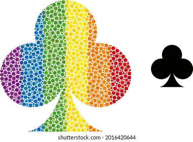Playing card club suit collage icon of round dots in various sizes and spectrum colored color tinges. A dotted LGBT-colored playing card club suit for lesbians, gays, bisexuals, and transgenders.