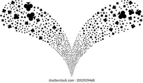 Playing card club suit double fireworks salute. Playing card club suit burst double fountain. Object fountain is done from random playing card club suit pictographs as fireworks.