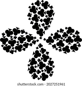 Playing card club suit explosion abstract flower. Object flower with 4 petals combined from oriented playing card club suit symbols. Vector flower collage in flat style.