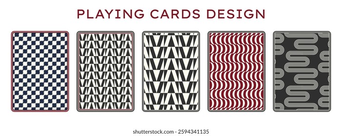 Playing card deck cover design set, back side reverse of game cards with geometry and abstract lines patterns