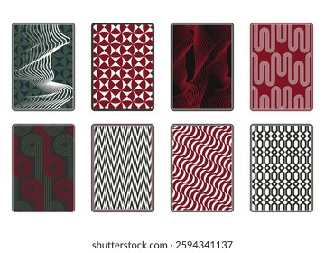 Playing card deck cover design set, back side reverse of game cards with geometry and abstract lines patterns