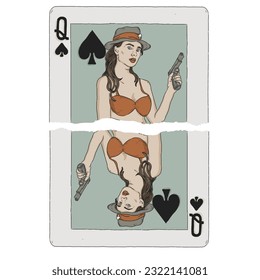 Diseño de cartas de reproducción. Lady Queen con un arma