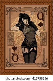 Playing Card Design. Queen of Spades. Retro pin up style.