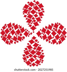 Playing card diamond suit curl abstract flower. Object flower with 4 petals combined from oriented playing card diamond suit symbols. Vector flower collage in flat style.