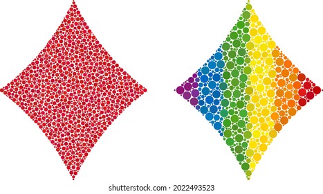 Playing card diamond suit mosaic icon of circle elements in different sizes and rainbow color tints. A dotted LGBT-colored playing card diamond suit for lesbians, gays, bisexuals,