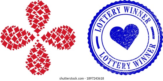 Playing card diamond suit rotation flower with four petals, and blue round LOTTERY WINNER rough stamp seal with icon inside. Element curl done from oriented playing card diamond suit symbols.