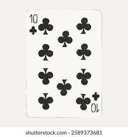 Playing card featuring the 10 of clubs. Black clubs pattern on a white background. Classic 10 of clubs design, simple and traditional card layout. Vintage illustration isolated on white, vector.
