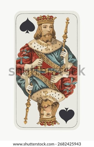 Playing card featuring the King of Spades. The King, a regal figure, holds a scepter. King of Spades in classic design. Traditional spades card. Vintage king illustration vector.