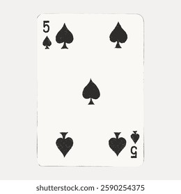 Playing card with five spades. Classic design. Five spades in black. Standard card. Spades suit. Simple playing card. Five spades visible. Vintage illustration isolated on white, vector.