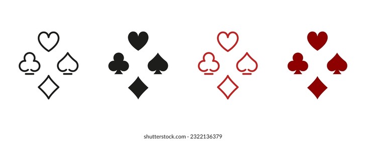 Tarjeta de juego, Espacio de juego. Pictograma del juego del casino. Colección de símbolos de juego de póquer. Línea de juego de tarjetas y conjunto de iconos de silueta. Club Jack Negro en el Símbolo de Las Vegas. Ilustración de vectores aislados.