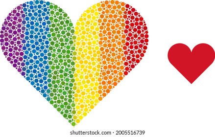 Playing card heart suit collage icon of filled circles in variable sizes and rainbow colorful color tints. A dotted LGBT-colored playing card heart suit for lesbians, gays, bisexuals,