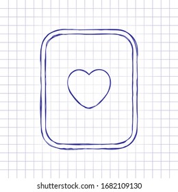 Playing card with hearts. Hand drawn picture on paper sheet. Blue ink, outline sketch style. Doodle on checkered background