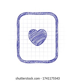 Playing card with hearts. Hand drawn sketched picture with scribble fill. Blue ink. Doodle on white background
