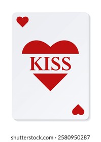 Playing card with hearts and the inscription "kiss" for Valentines day.