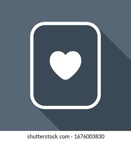 Playing card with hearts. White flat icon with long shadow on blue background