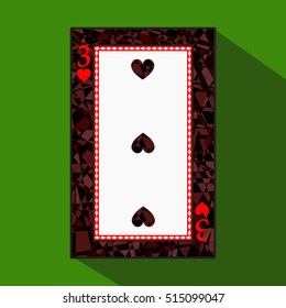 playing card. the icon picture is easy. HEART THIRD 3 about dark region boundary. a vector illustration on a green background. application appointment for: website, press, t-shirt, fabric, interior