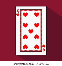 playing card. the icon picture is easy. HEART NINE 9 with white a basis substrate. a vector illustration on a red background. application appointment for: interior, registration, design.TO PLAY POKER.