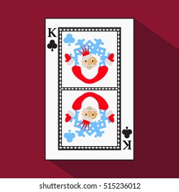 playing card. the icon picture is easy. CLUB KING. NEW YEAR SANTA CLAUS. CHRISTMAS SUBJECT. with white a basis substrate. on a red background. application appointment for: website, press, t-shirt