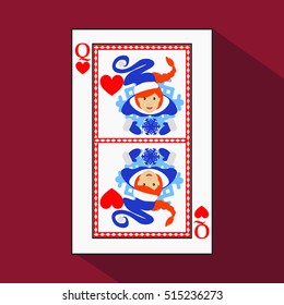 playing card. the icon picture is easy. HEART QUEEN. NEW YEAR OF MISISS SANTA CLAUS GIRL. CHRISTMAS SUBJECT. with white a basis substrate. a vector a red background. application appointment for: press