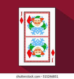 playing card. the icon picture is easy. DIAMONT JACK JOKER NEW YEAR ELF. CHRISTMAS SUBJECT. with white a basis substrate. vector illustration on  red background. application appointment for: interior.