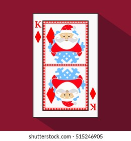 playing card. the icon picture is easy. DIAMONT KING. NEW YEAR SANTA CLAUS. CHRISTMAS SUBJECT.  on a red background. application appointment for  fabric, interior, registration, design.TO PLAY POKER.