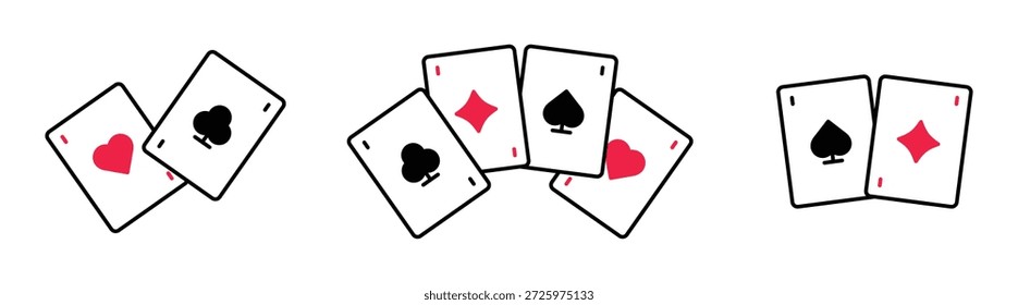 Kartensymbolsatz wird wiedergegeben. Glücksspiel, Kartenspiel, Casino, Pokerkonzept. Herzen, Pik, Diamanten, Kreuz-Karten. Rotes, schwarz-weißes Zeichen, Symbol. Bearbeitbarer Strich. Vektorgrafik. Flaches Design.