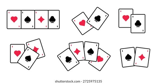 Conjunto de ícones de cartas de jogar. Jogos de azar, jogo de cartas, cassino, conceito de pôquer. Corações, espadas, diamantes, cartas de paus. Símbolo vermelho, preto e branco. Traçado editável. Ilustração vetorial. Design plano.