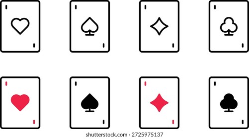 Conjunto de ícones de cartas de jogar. Jogos de azar, jogo de cartas, cassino, conceito de pôquer. Corações, espadas, diamantes, cartas de paus. Símbolo vermelho, preto e branco. Traçado editável. Ilustração vetorial. Design plano.